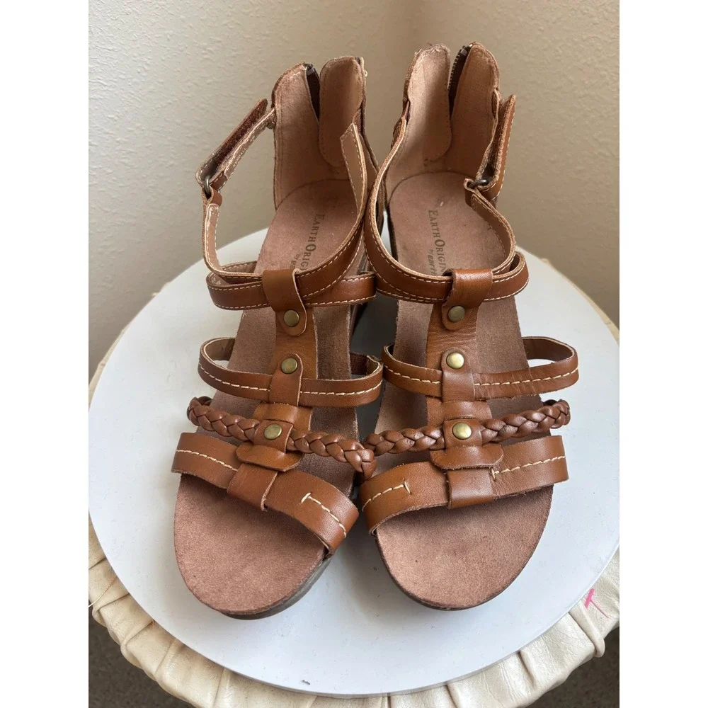 Earth Origins Kendall Wedge Sandals 6M Brown Leather Strappy Boho Gladiator